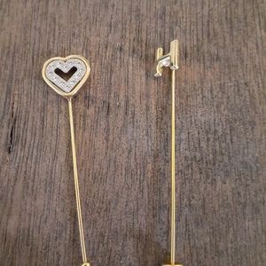 Gold Tone Stickpins Heart Rhinestones and H Set of 2